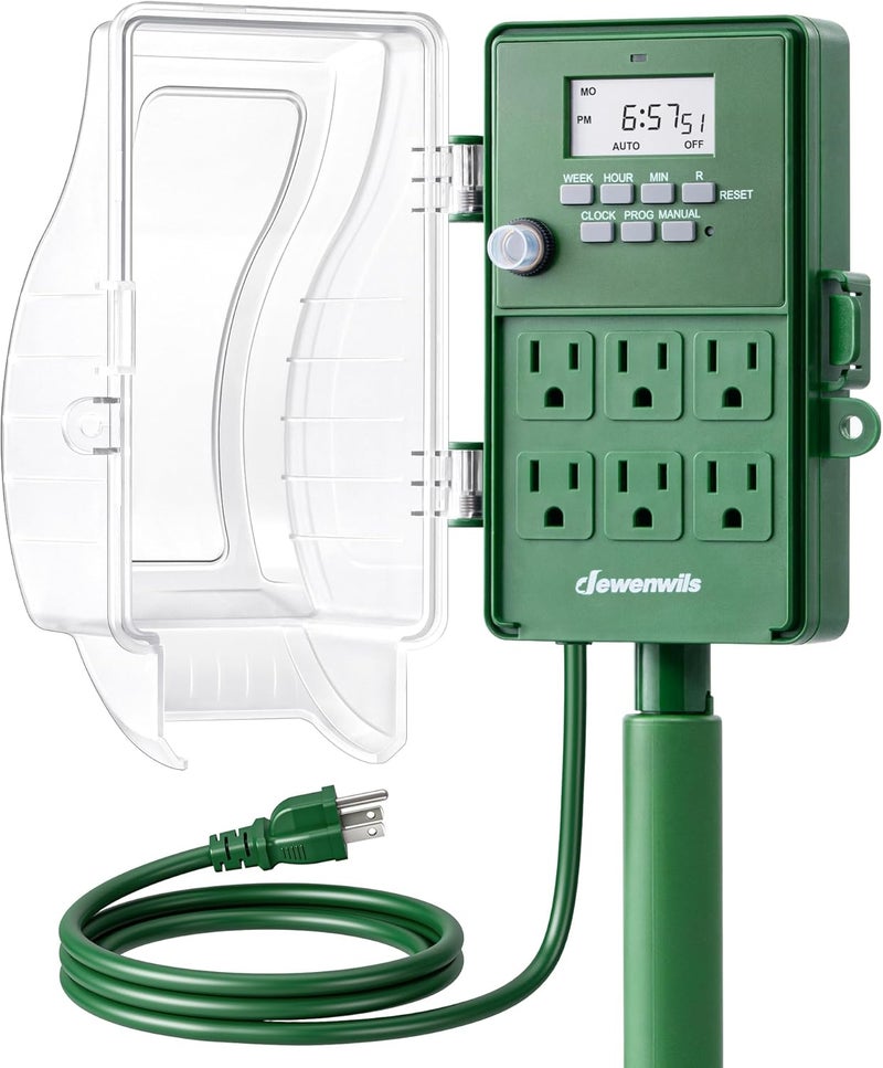 DEWENWILS Outdoor Power Stake Timer, 1800W/15A Digital Timer with 6 Grounded Outlets, 6FT 14/3C Extension Cord, Waterproof Heavy Duty Outlet for Christmas Lights, Yard, Garden, ETL Listed - Image 1